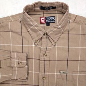 Chaps Ralph Lauren Vintage Mens Button Down Shirt Large Brown Plaid Oxford Y2K
